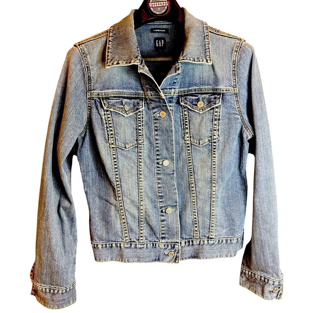GAP Stretch Blue Denim Button Front Jean Jacket Sz Lrg Pockets Adjustable Tabs